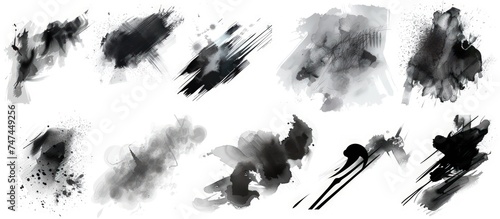sets of different designs with paint on white background in the style of dark black and gray, pristine geometry, logo, multiple filter effect, emotive watercolors
