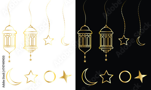 vector set with golden elements for ramadan greetings, eid and  iftar Party invitation. lantern, crescent, star, moon golden symbols on transparent background for decoration.