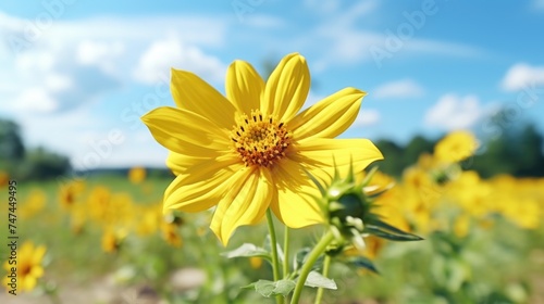 Vibrant yellow flower in a natural field setting, perfect for nature themes © Fotograf