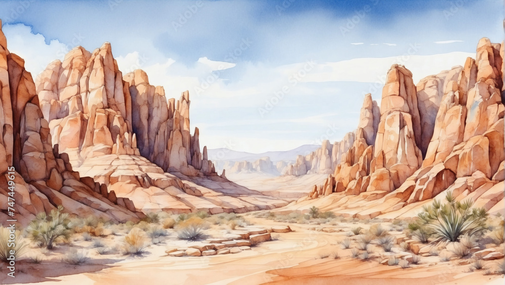 Watercolor desert canyon landscape with towering rock formations and a clear sky.