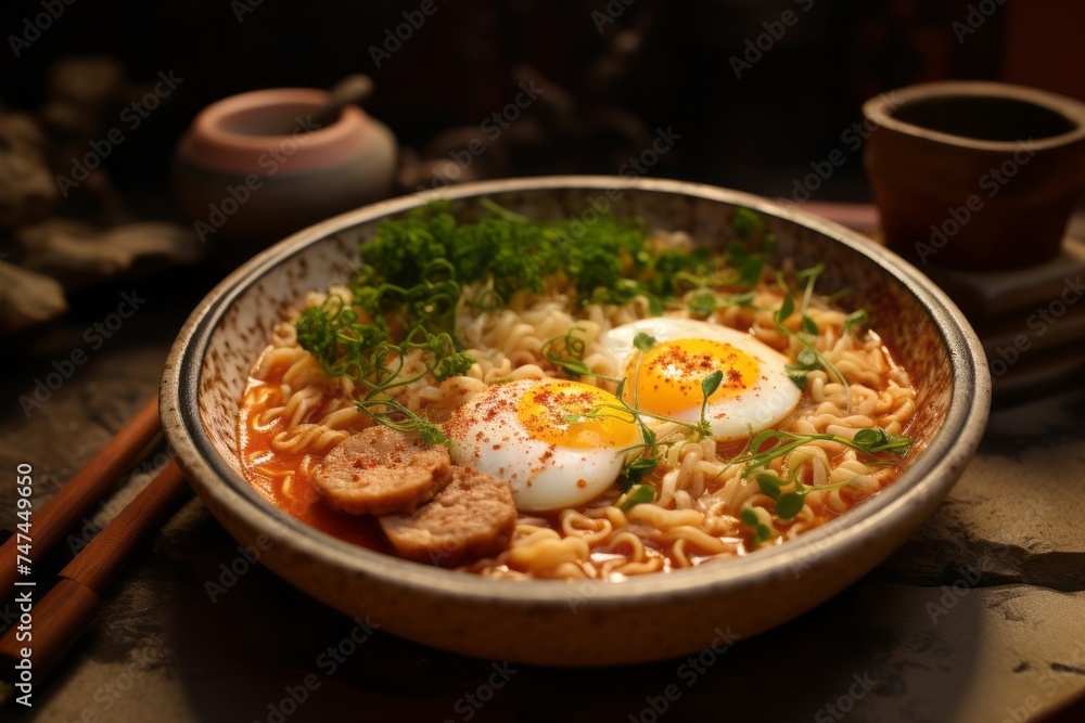 Macro detail close-up photography of an hearty ramen in a clay dish against a painted brick background. AI Generation