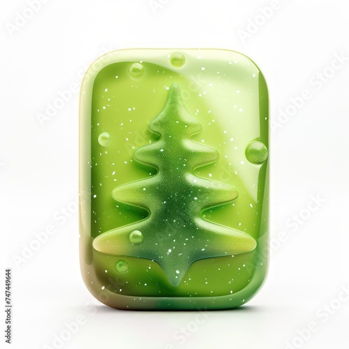 small green christmas tree crafted of polyresin isolated, white background, a 3d rendered rounded square button, playful photo