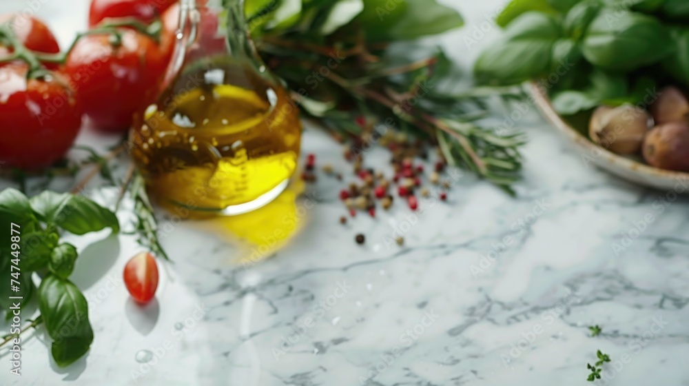 Fresh tomatoes, basil, garlic, and olive oil on a table. Ideal for food blogs and recipe websites Fresh tomatoes, basil, garlic, and olive oil on a table. Ideal for food blogs and recipe websites