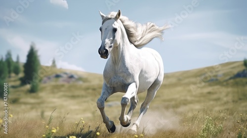 A majestic white horse galloping through a lush green field. Suitable for various outdoor and nature themes © Fotograf