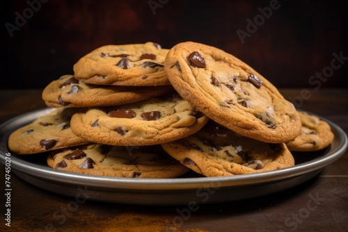 Close-up view photography of a delicious chocolate chip cookies on a slate plate against a painted brick background. AI Generation