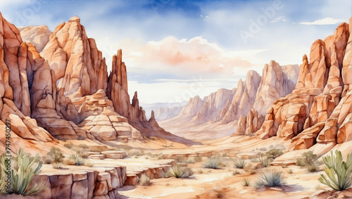 Watercolor desert canyon landscape with towering rock formations and a clear sky