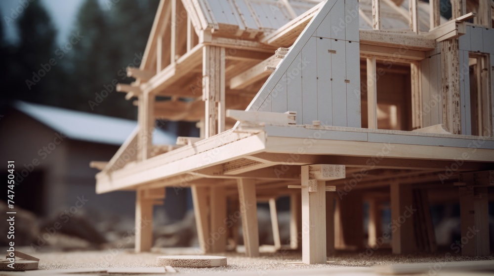 Obraz premium Wooden model of a house being built, ideal for construction and architecture concepts