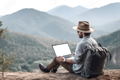 A man sitting on a rock with a laptop, suitable for technology concepts © Fotograf