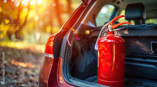 Road safety essentials: Red fire extinguisher in the trunk with space for text, emphasizing car safety and emergency preparedness.