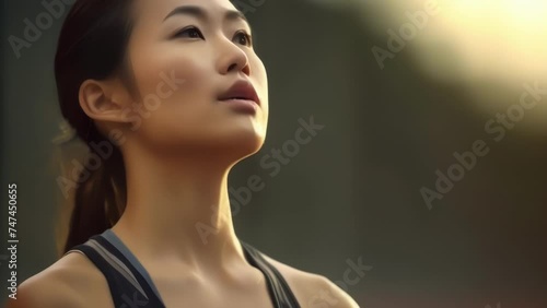 A relaxed Asian female athlete with a pensive expression and a blurry background of volleyed shots and strokes photo