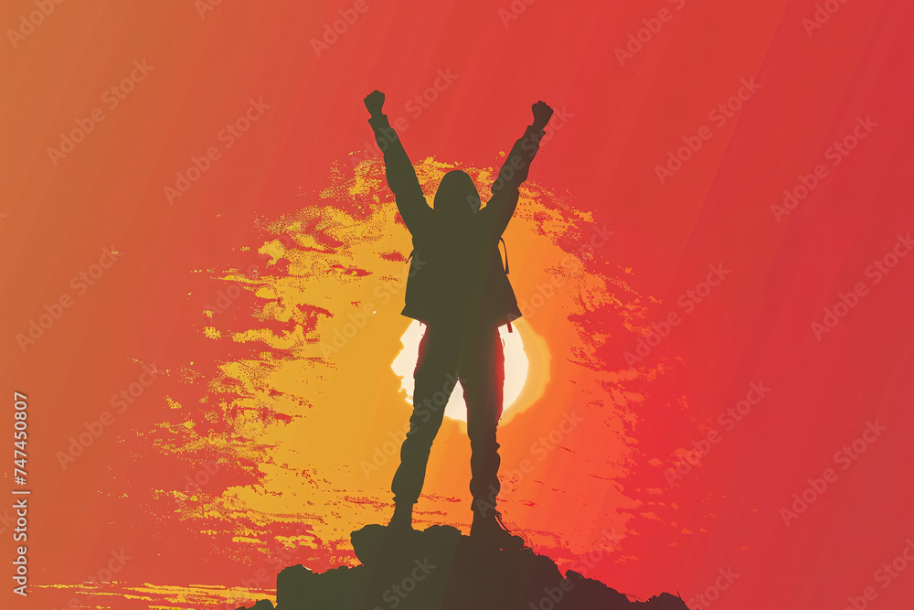 Silhouette of victorious person on rock with a warm sunset behind