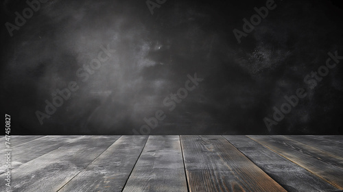 Empty wooden table with a smoky dark background, suitable for product display.