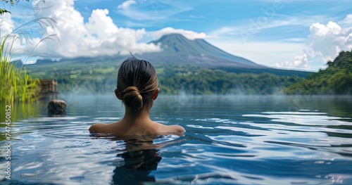 Young beautiful woman relaxing in the pool with volcano on the background  ai generative