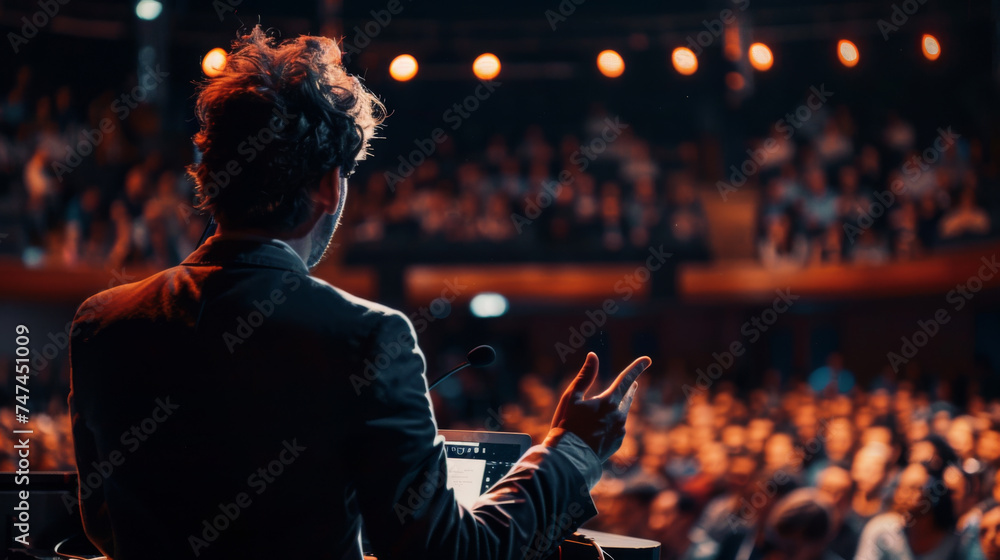 speaker at a conference viewed from behind, gesturing with his hand to an audience in a lecture hall, illuminated by the warm ambient lighting of the venue. - obrazy, fototapety, plakaty 