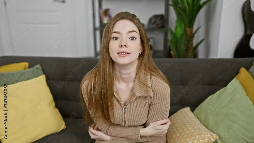 Beautiful young blonde woman, all smiles in her home, joyfully pointing upwards with amazed surprise, showing confident happiness in her cozy sweater indoor portrait. Beautiful young blonde woman, all smiles in her home, joyfully pointing upwards with amazed surprise, showing confident happiness in her cozy sweater indoor portrait.