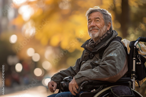 A portrait of a middle-aged man in a wheelchair, with a look of satisfaction on his face and a camera in his hand