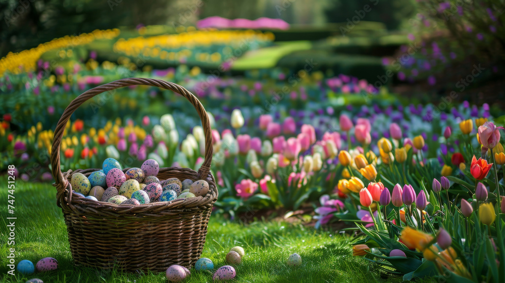 Wicker Basket Full of Speckled Easter Eggs Amongst Tulips Wicker Basket Full of Speckled Easter Eggs Amongst Tulips