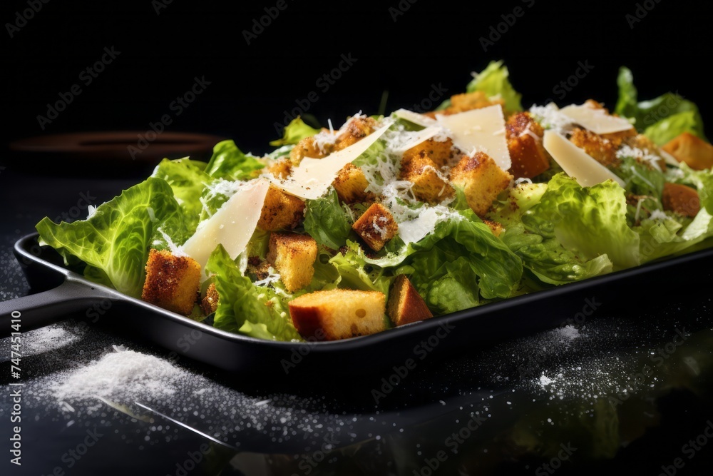 Macro view photography of a delicious caesar salad on a metal tray against a black slate background. AI Generation Macro view photography of a delicious caesar salad on a metal tray against a black slate background. AI Generation