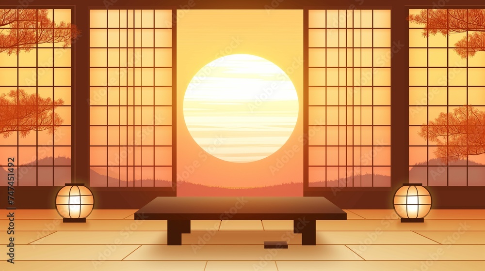 Fototapeta premium Sunset View Through Shoji Screen in Traditional Japanese Room Overlooking Nature