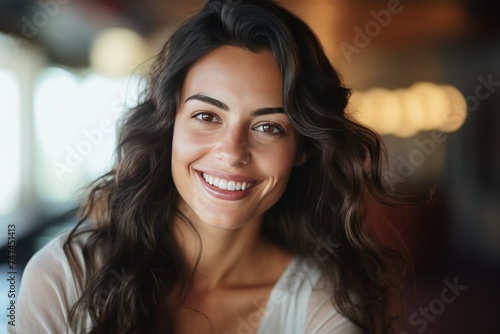 Portrait of happy brown haired woman looking directly at the camera