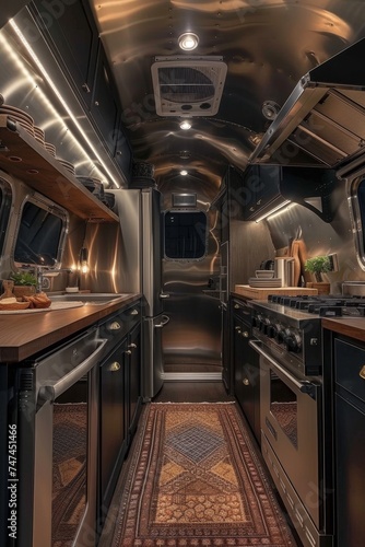 A designer steel interior inside a mobile home. The concept of a comfortable journey