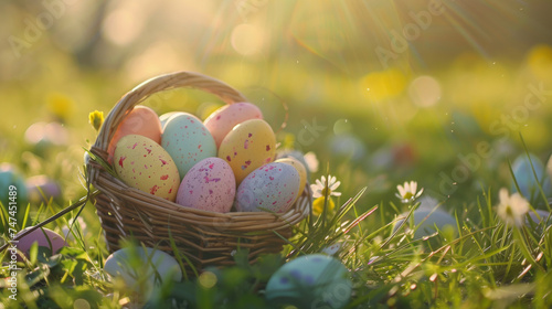 Wicker Basket with Patterned Easter Eggs Amidst Spring Flowers