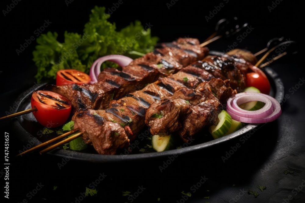 Highly detailed close-up photography of a juicy kebab in a clay dish against a black slate background. AI Generation