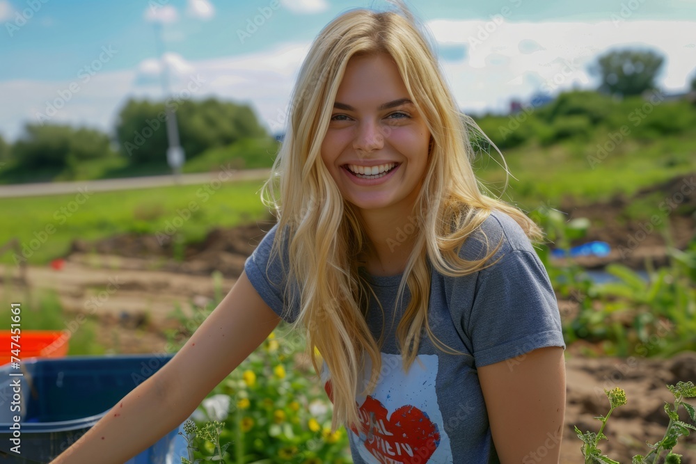 A cheerful blonde woman is working in a garden, smiling at the camera, with greenery and a blue sky in the background.
A cheerful blonde woman is working in a garden, smiling at the camera, with greenery and a blue sky in the background.