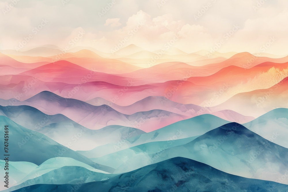 Pastel Watercolor Hills Under Dreamy Sky