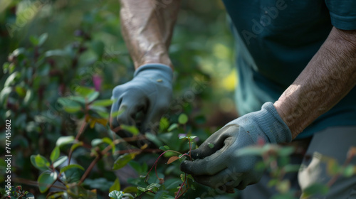 Person Pruning Plants Wearing Gloves in a Garden