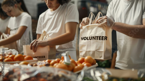 group of people engaged in volunteer work, specifically packing food into paper bags labeled "VOLUNTEER".