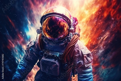 A man in a space suit walking through a galaxy. Suitable for science fiction concepts