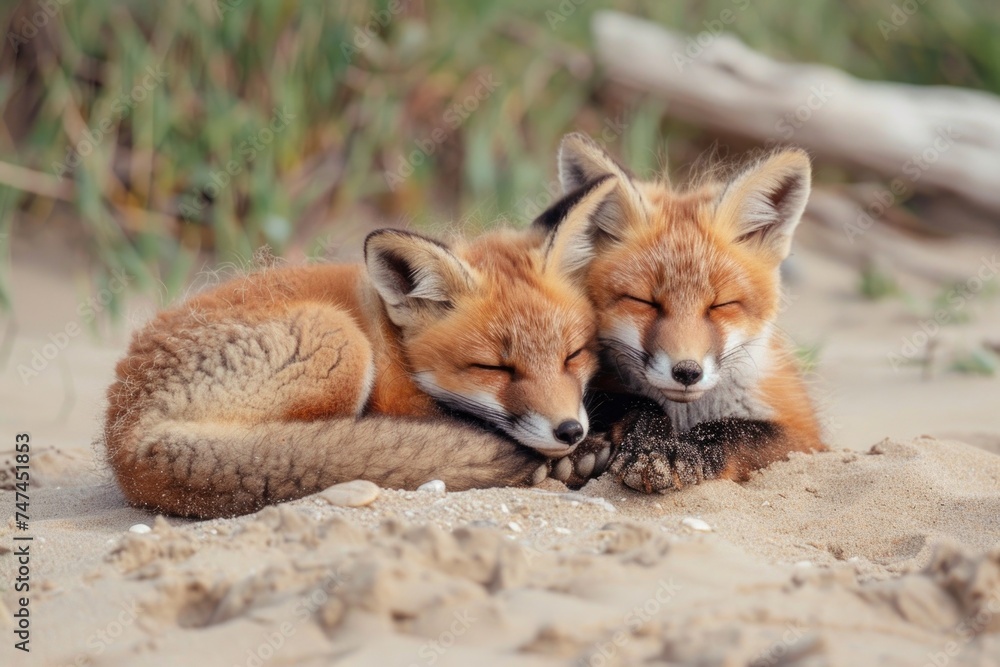 Two foxes enjoying the sun on a sandy beach. Perfect for nature and animal lovers Two foxes enjoying the sun on a sandy beach. Perfect for nature and animal lovers