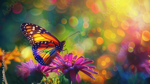A butterfly perched on a vibrant purple flower. Ideal for nature and garden concepts