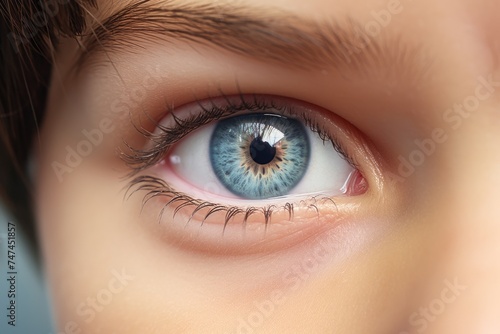Detailed close-up of a person's blue eye, suitable for medical or beauty concepts