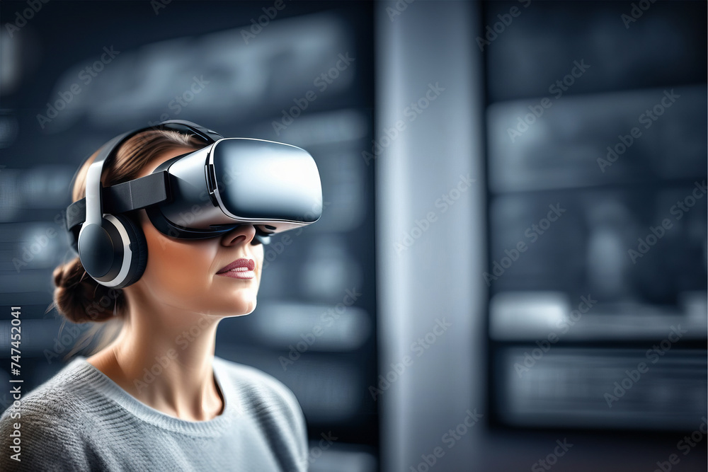 Beautiful woman with glasses of virtual reality on blur background. Future technology concept. new future technology concept Beautiful woman with glasses of virtual reality on blur background. Future technology concept. new future technology concept
