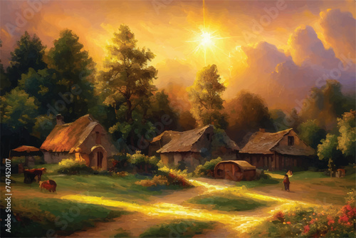 Oil painting of a Beautiful Village. Oil painting - houses in the village. Old historic Village. Oil paintings rural landscape. A rustic village scene, bathed in the ethereal glow of a heaven. 