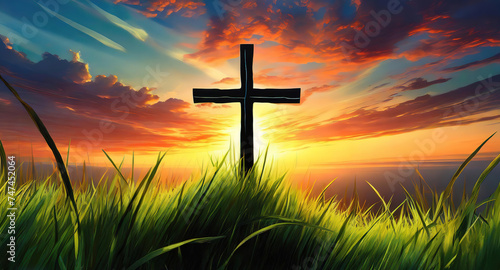 Awesome Good friday easter landscape with cross