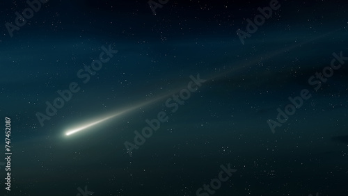 Meteor against a background of stars. Fireball in the evening sky. Beautiful falling star.