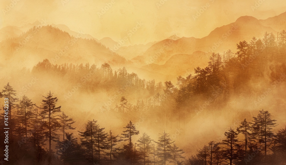 Obraz premium a painting of an oriental landscape with trees and mountains Generative AI