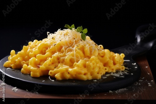 Conceptual close-up photography of a juicy macaroni and cheese on a slate plate against a black slate background. AI Generation