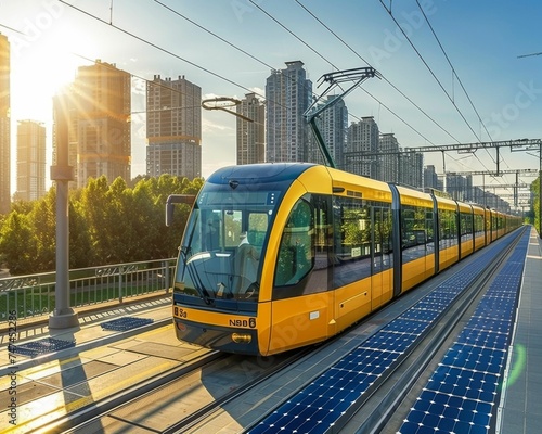 Solar-Powered Tram on a Sustainable City Track, Symbolizing Clean Energy Transportation Solutions
