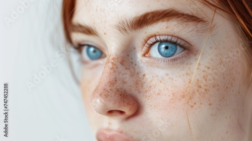 Close up portrait of a woman with freckles. Perfect for beauty and skincare concepts