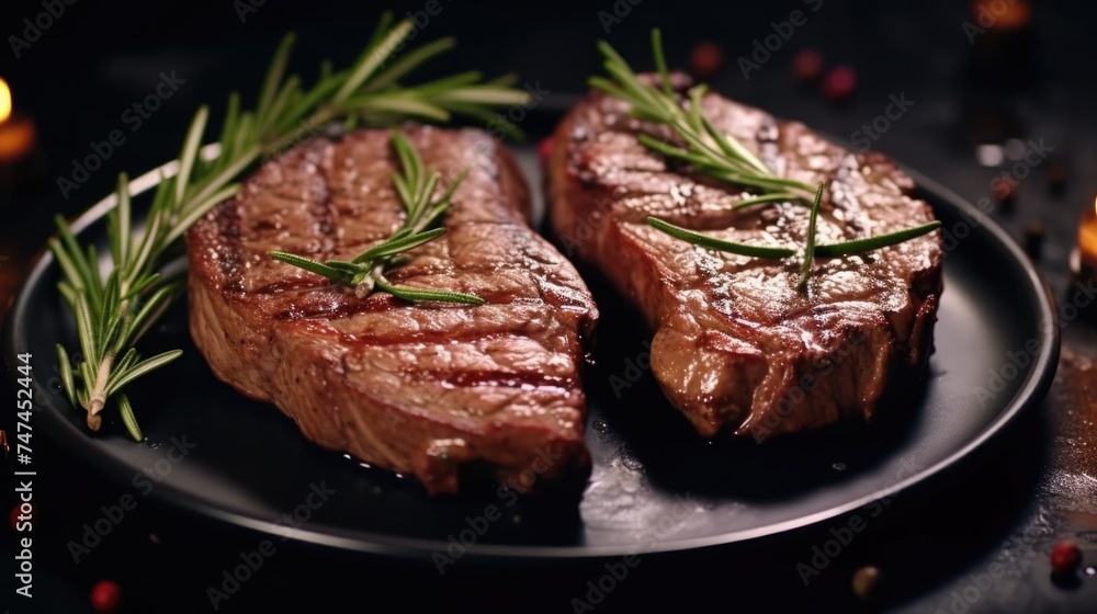Succulent steaks served on a stylish black plate, perfect for food and restaurant concepts Succulent steaks served on a stylish black plate, perfect for food and restaurant concepts