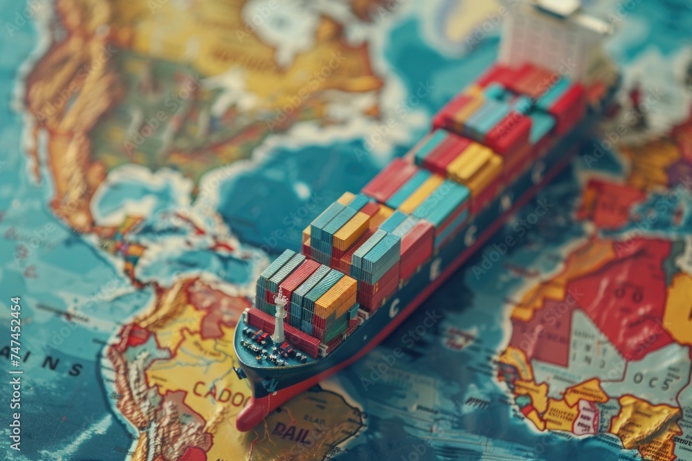 A model of a cargo ship placed on top of a map. Suitable for transportation and logistics concepts