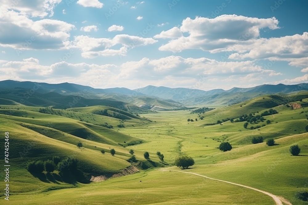 Scenic view of a green valley with a dirt road, suitable for nature and landscape projects Scenic view of a green valley with a dirt road, suitable for nature and landscape projects