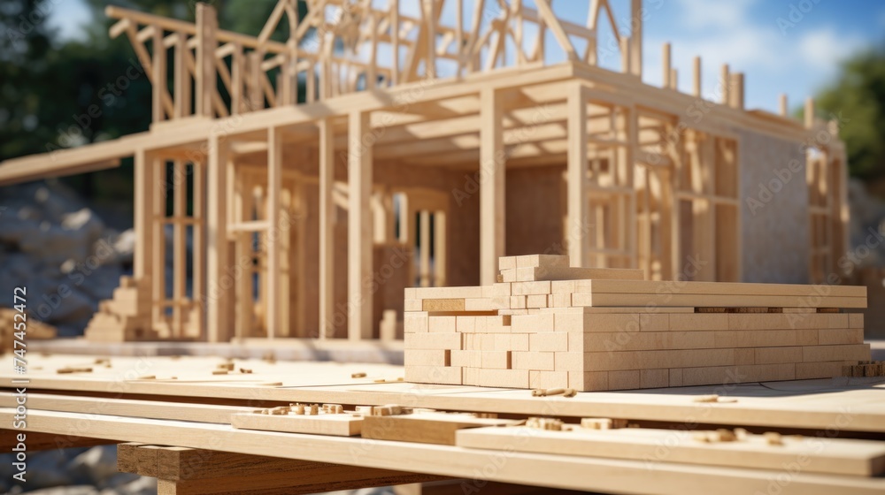 A wooden model of a house being built. Ideal for architectural and construction concepts A wooden model of a house being built. Ideal for architectural and construction concepts