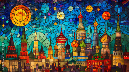 Stained glass window background with colorful CIty abstract.