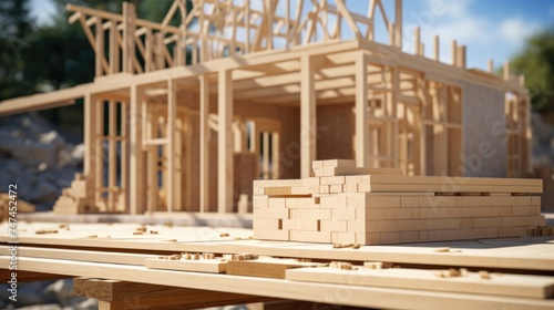 A wooden model of a house being built. Ideal for architectural and construction concepts