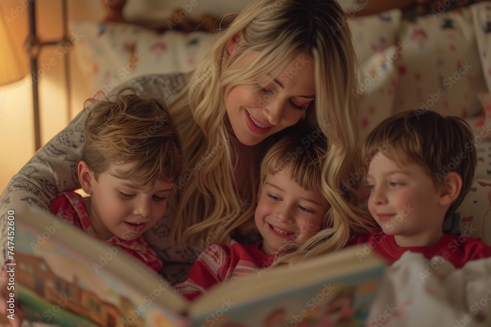 A loving mother reads a bedtime story to her three young children, all smiling and cuddled together in a cozy bed.
A loving mother reads a bedtime story to her three young children, all smiling and cuddled together in a cozy bed.